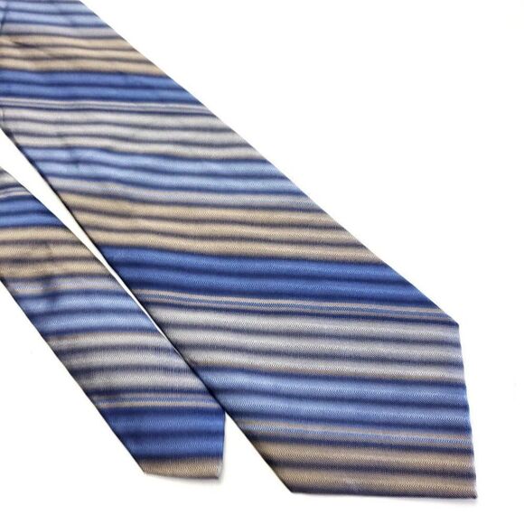 Stafford Blue Beige Striped Woven‎ Short Wide Silk Tie - Picture 1 of 6